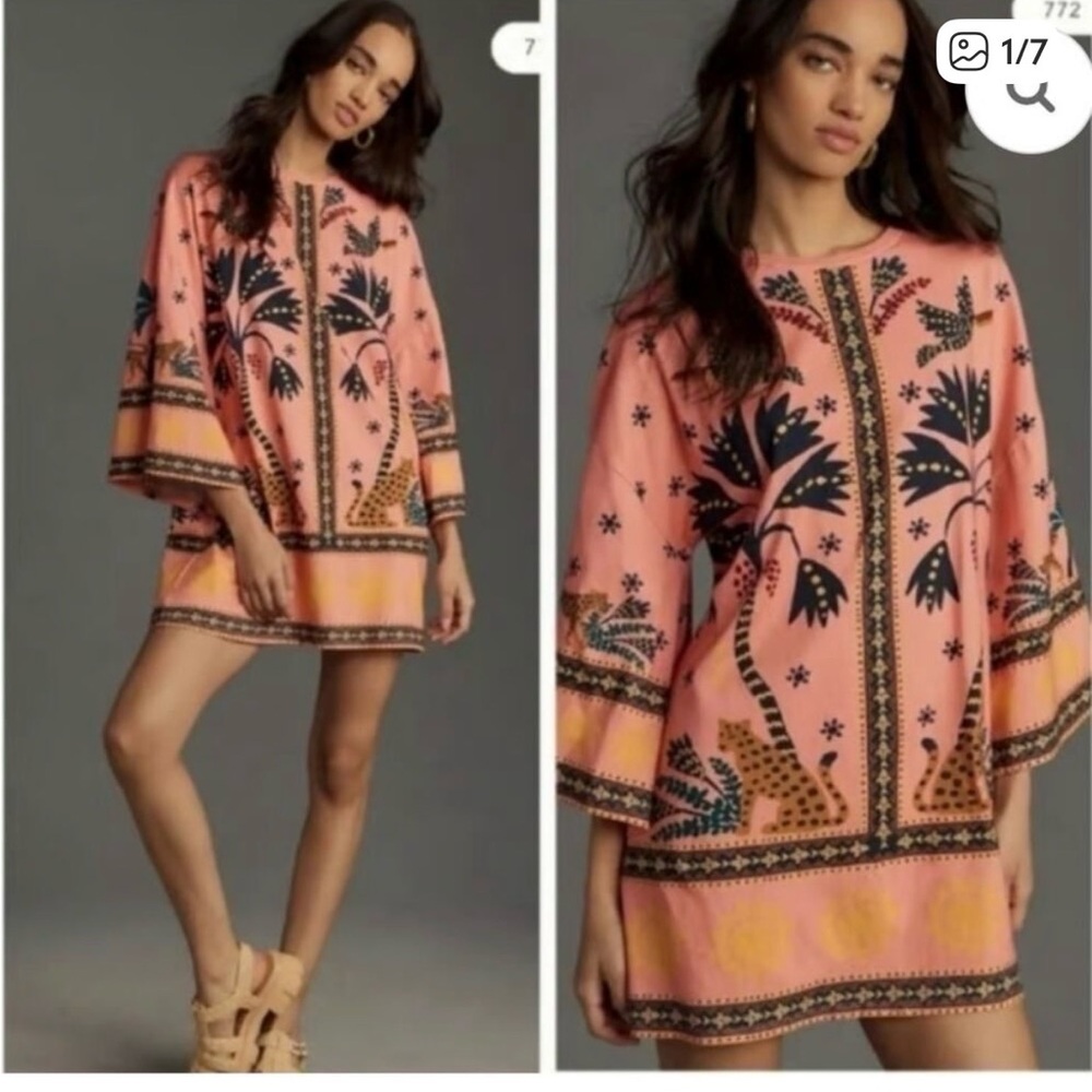 FARM Rio Pink Embroidered Palm-Print Mini Dress